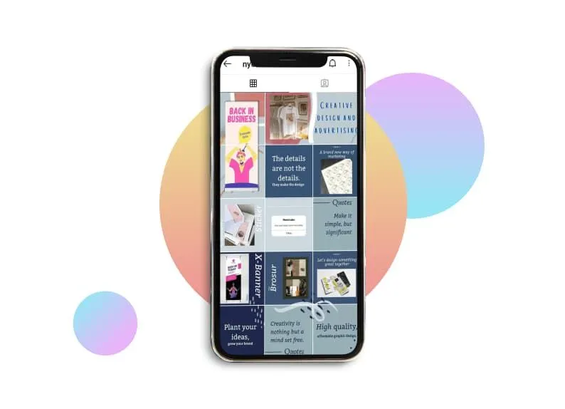 Tampilan ponsel menampilkan grid feed Instagram berisi konten desain dan kutipan